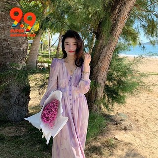 Đầm Tím Cổ Chữ v Tay Phồng Thời Trang Mùa Thu 2022 Mới Cho Nữ