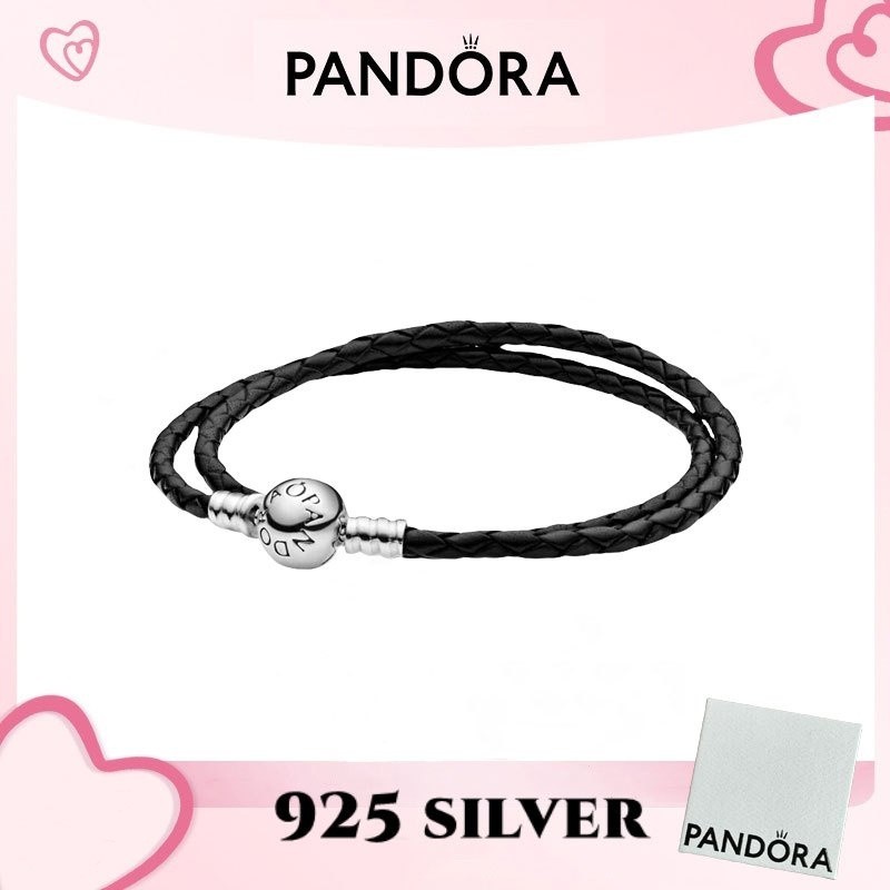 100% PANDORA S925 sterling bạc trang sức vòng tay mặt dây chuyền Pandora Moments Vòng tay da đen đôi