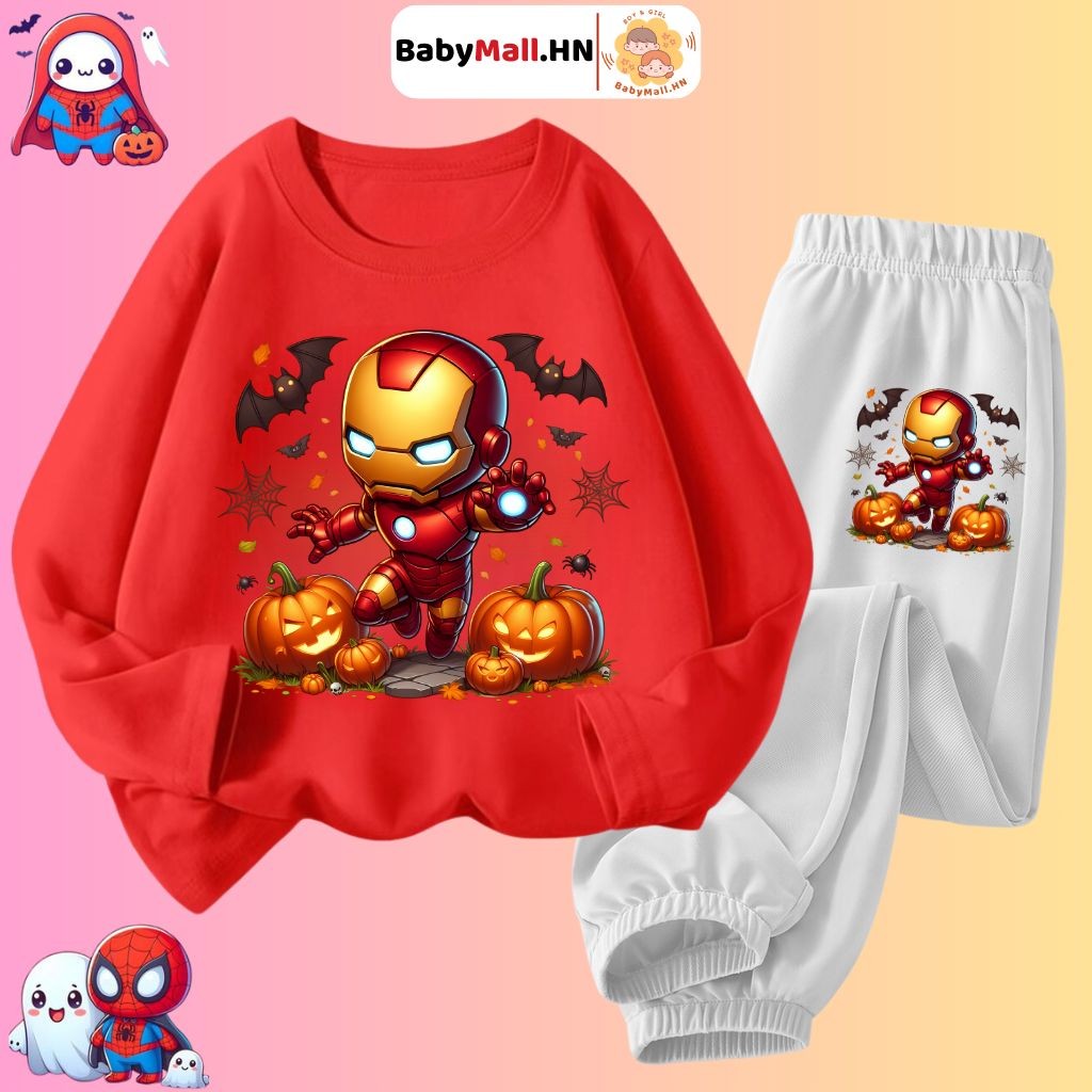 Bộ dài tay Halloween Người Sắt Ironman bé trai BABYMALL, bộ quần áo thun cotton thu đông cho bé