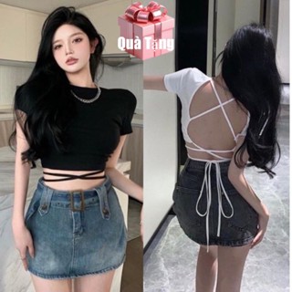 [A4] Áo croptop nữ có đệm ngực tay ngắn kiểu đan dây hở lưng chất vải thun 4 chiều Free SIze dưới 54kg