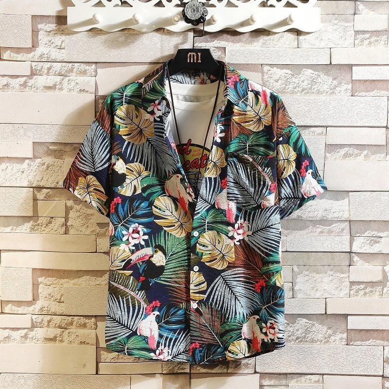 Hawaii BeachwearT-shirt lelaki bunga pantai retro longgar baju lengan pendek Áo sơ mi Hawaii Nhật Bả