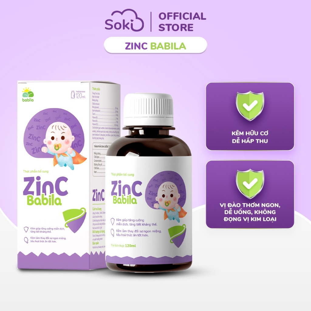 Siro Kẽm Hữu Cơ ZinC BABILA Vị Đào Dễ Uống Tăng Cường Miễn Dịch Cho Bé Từ 3 Tháng Tuổi Lọ 120ml