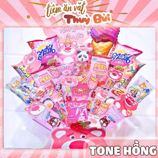 Bánh Kẹo Màu Hồng / Thế Giới Đồ Ăn Vặt Màu Hồng HN, Kẹo Gấu Dâu Losto HN, Concept Trang Trí Giỏ Quà Bánh Kẹo