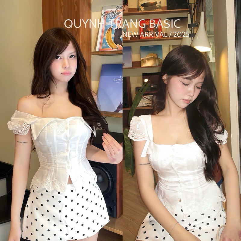   Tách set  Áo sơ mi tay bồng trễ vai Và chân váy chấm bi Dáng ngắn Tiểu thư   Phong cách sang chảnh - QuynhTrangBasic 