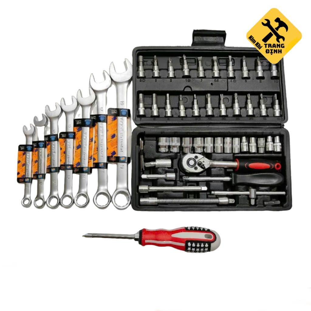 [Tặng tua vít 2 đầu] Bộ 46 chi tiết và 7 khoá cờ lê từ 8-19mm, dùng để vặn bulông, sửa chữa