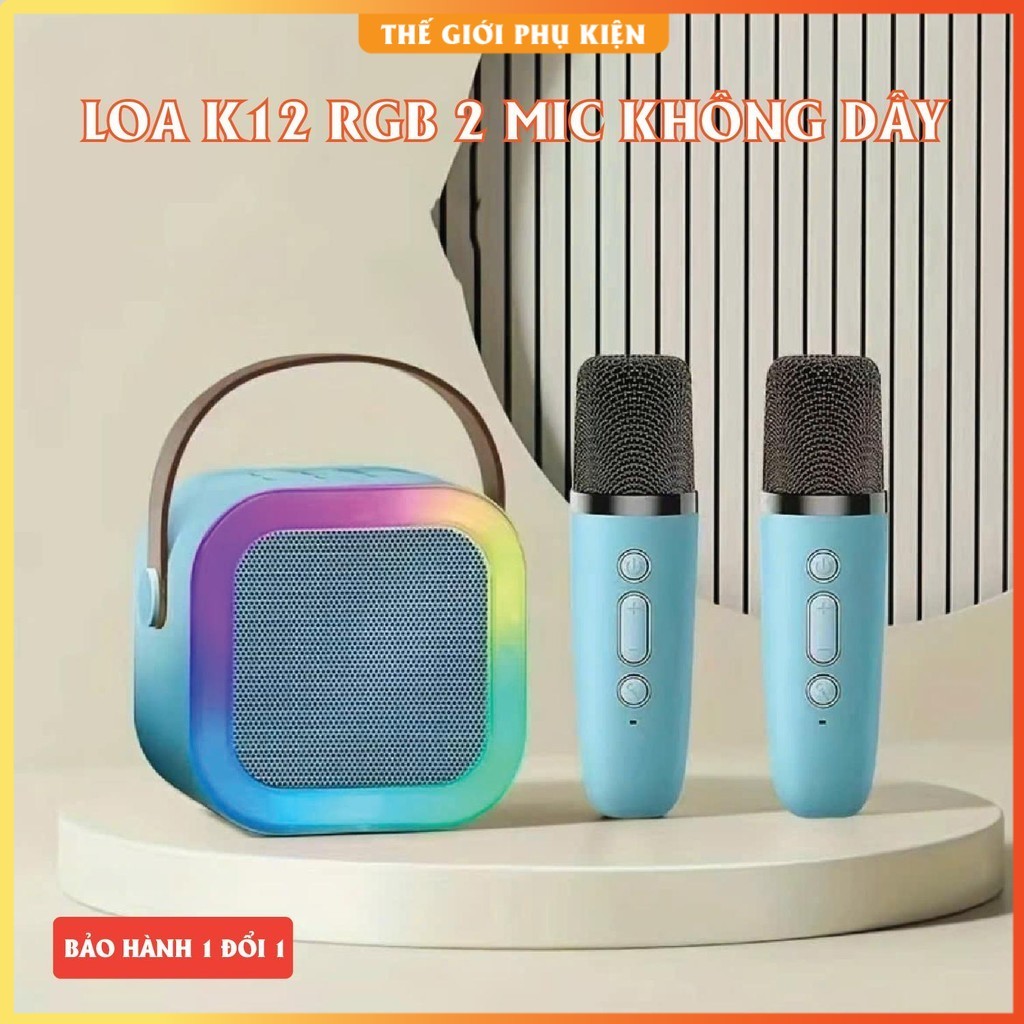 Loa mini, Loa Bluetooth Karaoke Mini 2 Mic K12 – CÓ ĐÈN LED – Loa Karaoke Mini, Loa kéo karaoke, Loa
