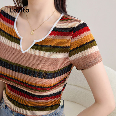 Áo thun nữ Lovito xuân hè sọc phối đường viền tương phản phong cách thường ngày L143ED224