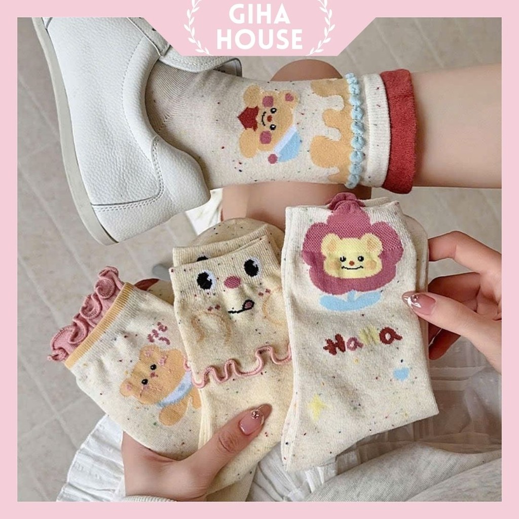 Set 5 Đôi Tất/ Vớ Nữ Cổ Cao Họa Tiết Gấu Baby Màu Muối Tiêu Thời Trang Siêu Hot TT80 GIHA