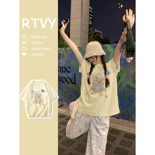 「RTVY」Cotton nguyên chất Áo thun nữ in hình gấu dễ thương mùa hè dáng rộng thường ngày Áo lớn