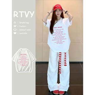 「RTVY」Mỹ Retro Hợp Thời Trang Thương Hiệu Cotton Nguyên Chất Chữ Ngắn Tay Áo Thun Nữ Cặp Đôi Hợp Thời Trang Top