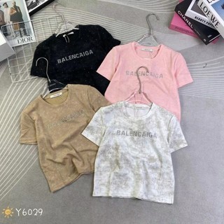 Áo thun baby tee nữ tay ngắn cổ tròn loang màu chữ cườm balen hàng Quảng Châu chất cotton, áo phông hè hàn quốc 6029 2