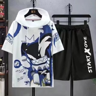 bộ cộc hèBộ áo Hoodie ngắn tay in hình + quần Short nam dáng rộng