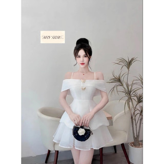 Đầm tafta ngắn chân xoè phối tơ 2 dây trễ vai đi tiệc đen trắng hồng SML M CABOXIN