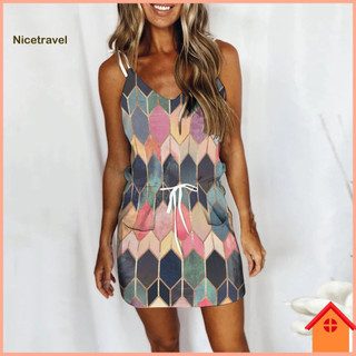 [Ni] Đầm Mềm Không Tay Mùa Hè Đầm In Hoa Quai Mini Đầm Lưng Cổ Chữ V Sundress Cho Nữ Slim Fit Dây Rút Eo Trên Chiều Dài Đầu Gối Thời Trang Đông Nam