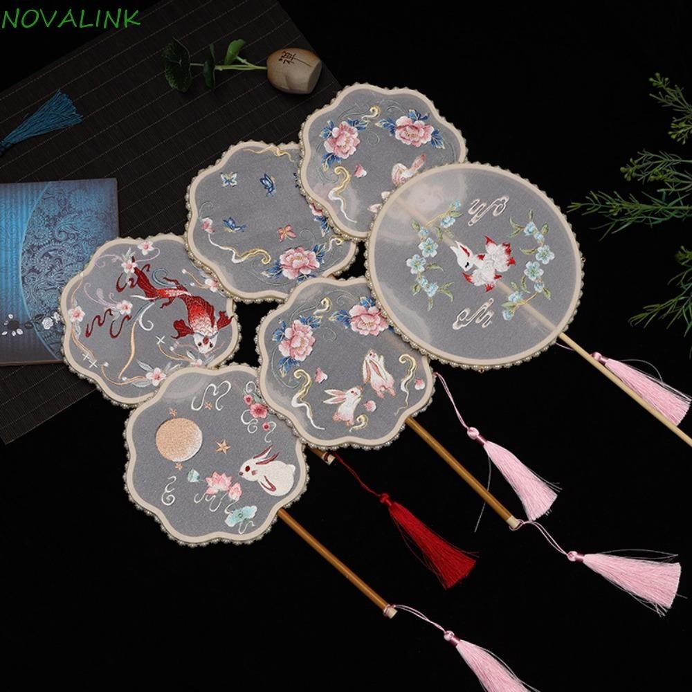 Quạt tròn NOVALINK, Quạt lụa thêu cổ điển, Quạt cầm tay cổ điển hai mặt bán trong suốt phong cách Trung Quốc Trang phục nữ Hanfu Sườn xám