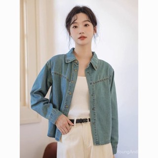 Áo sơ mi denim đinh tán dáng người nhỏ dễ phối cổ điển Áo sơ mi sang trọng xếp chồng thường ngày cho Nữ Mẫu Mới