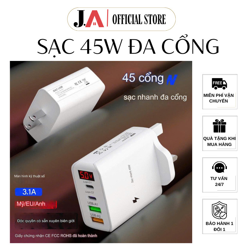 Bộ Sạc Nhanh, Củ Sạc Nhanh Đa Cổng 45W 2USB + 2PD, 4USB + 1PD Cho Điện Thoại iOS, Type C, Bảo Hành 1
