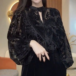  Áo sơ mi dài tay ren tích cực và tiêu cực dành cho nữ Cảm giác cao cấp Rỗng gạc khâu chạm khắc màu đỏ 