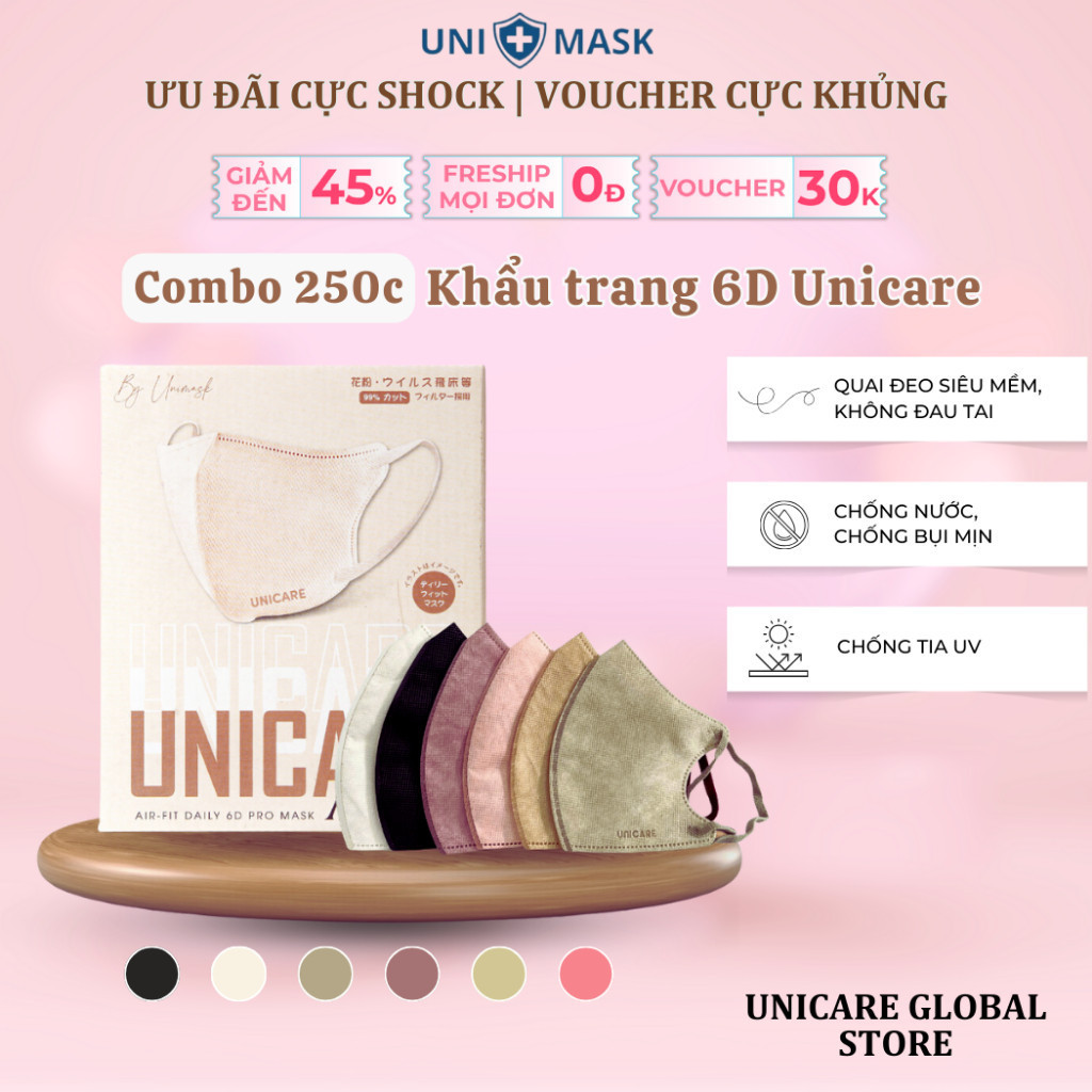 [Thùng 250 chiếc] Khẩu trang 6D UNICARE, Khẩu Trang 3 Lớp Cao Cấp Kháng Khuẩn, Kháng Bụi, Siêu Mịn, 