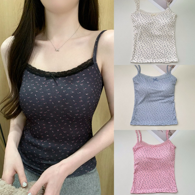 YY60 Spaghetti Dây Đeo Với Chi Tiết Hoa Tích Hợp Miếng Bọt Tối Giản Phong Cách Việt Nam Dễ Thương Cù