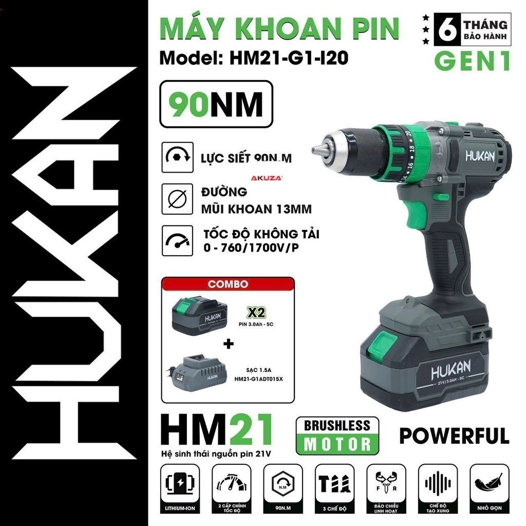 Máy khoan pin HUKAN HM21-G1-I20 - Lực Siết 90Nm, Khoan Pin 3 chức năng Không Chổi Than AKUZA GIÁ SỈ