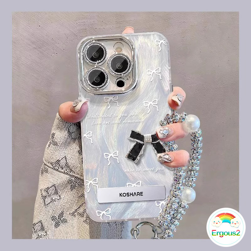 Ốp Điện Thoại IMD Ins Hàn Quốc Cho iPhone 11 16 13 12 14 15 Pro Xs Max X XR Xs Max Glow DIY Bow Casing Bling Khung Camera Ốp Lưng Dây Buộc + Giá Đỡ Ốp Lưng PC Cứng Bảo Vệ