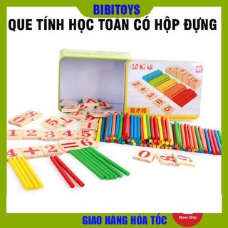 Bộ que tính học toán bằng gỗ có hộp đựng cao cấp - bảng tính que học toán cho bé