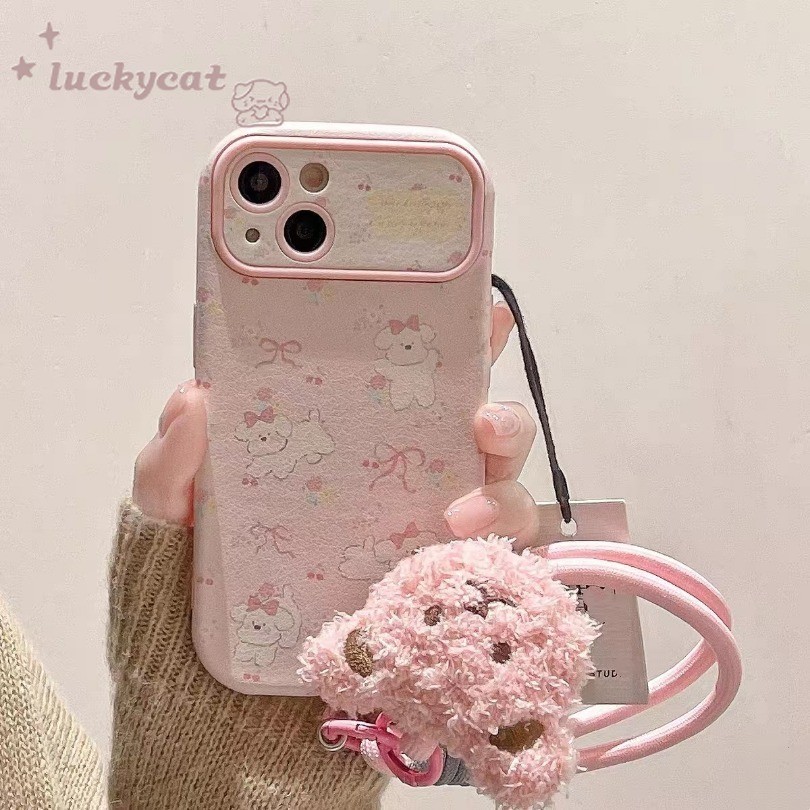 Iphone 16 15 14 13 12 11 Pro Max X Xr Xs Max 7 8 Plus SE2020 Ốp Điện Thoại Nơ Màu Hồng Dễ Thương Gấu Con Chó Con Cặp Đôi Mềm + Dây Buộc