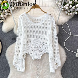 Áo dài tay dệt kim rỗng, Áo len dệt kim hoa xuyên thấu hoa, Áo len dệt kim ngọt ngào Áo thun chui đầu đi biển Bohemian Áo len móc Top Lady