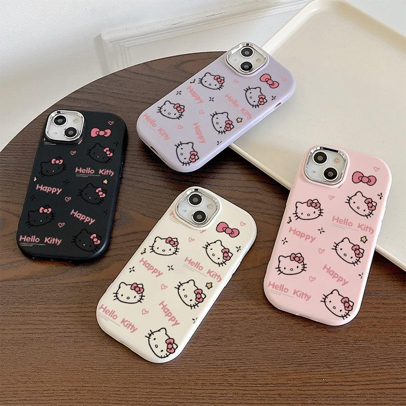 Ốp Điện Thoại Sanrio Hello Kitty Bow KT Head Cho Samsung Galaxy A32 A33 A12 A11 A05S A31 A20 A30 A21S A50 A50S A30S A52 A71 A7 2018 Cặp Đôi Dễ Thương Mạ Ống Kính Kim Loại Vỏ Hoạt Hình