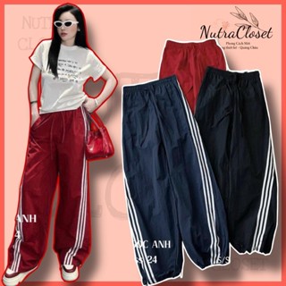 Quần dài ống rộng dù gió nhăn mỏng sọc xéo rút lai lưng chun unisex nam nu