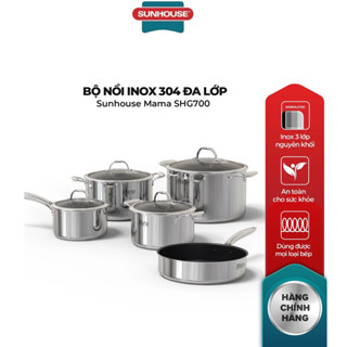 Bộ nồi chảo inox 304 đa lớp Sunhouse Mama SHG700 - 3 nồi, 1 chảo và 1 quánh - Đáy từ dùng cho mọi loại bếp