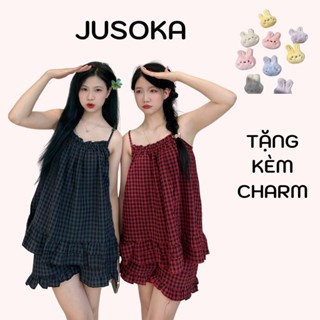 Bộ đồ ngủ 2 dây JUSOKA kiểu nữ chất xốp cotton hoạt tiết kẻ ô vuông form rộng mặc ở nhà bốn mùa nhiều màu