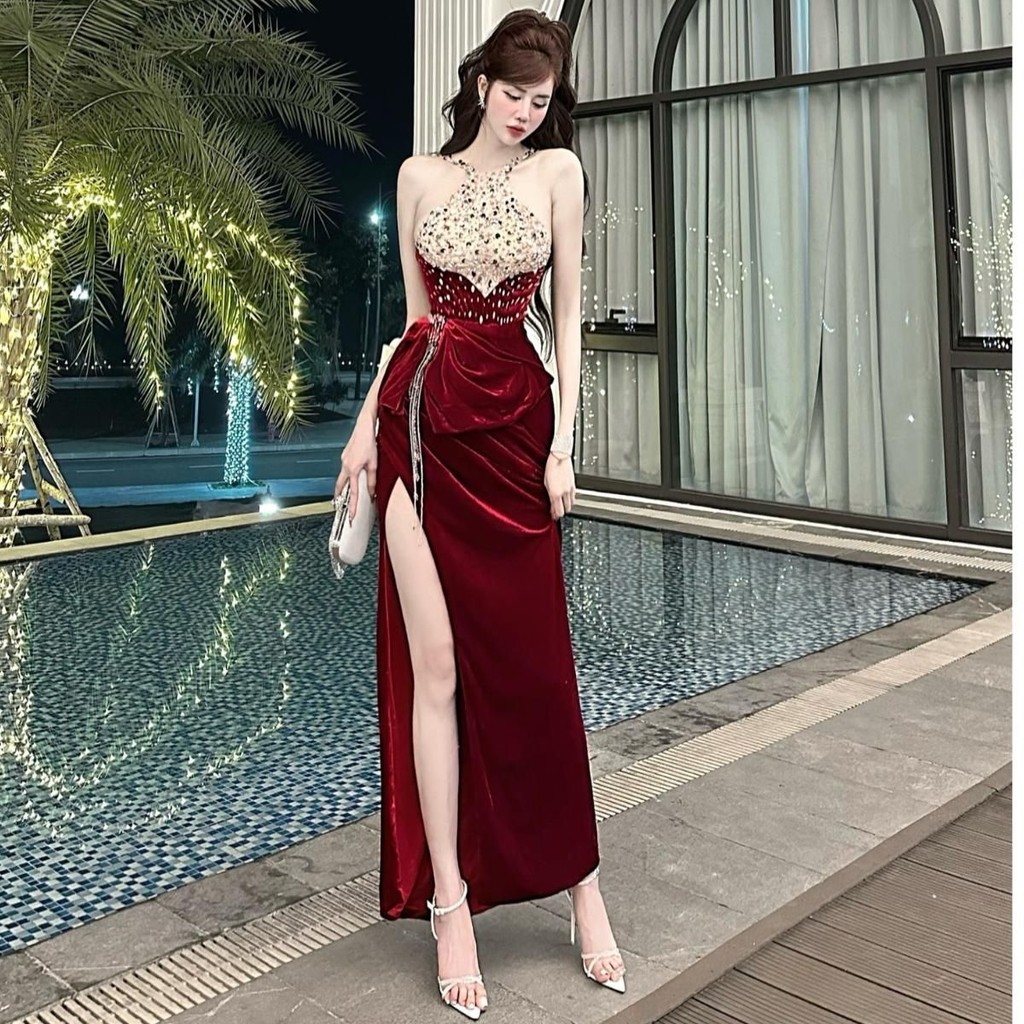 [KT CLOTHING] Đầm nhung cổ yếm đính hạt sang trọng