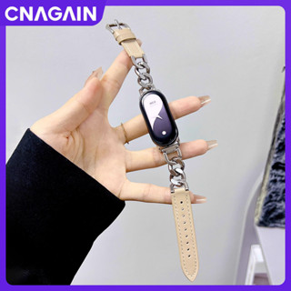 Cnagain Thích hợp cho Xiaomi band 9 NFC phiên bản 8 Vòng đeo tay kim loại đồng hồ thông minh Dây đeo vòng da, tương thích với Mi band 7 / 6 / 5 / 4 / 3 Dây đeo cổ tay bằng da thật mềm mại