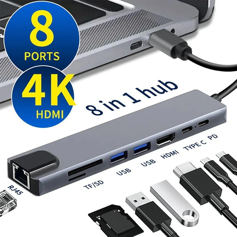  Cổng USB HUB 8 trong 1 Bộ chuyển đổi HDMI PD SD TF RJ45 Type C Docking Station cho PC Laptop Máy tính 