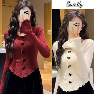 Áo len dệt kim tay kèn đỏ thời trang thu đông Hàn Quốc - màu trơn, nơ - áo khoác cardigan dệt kim