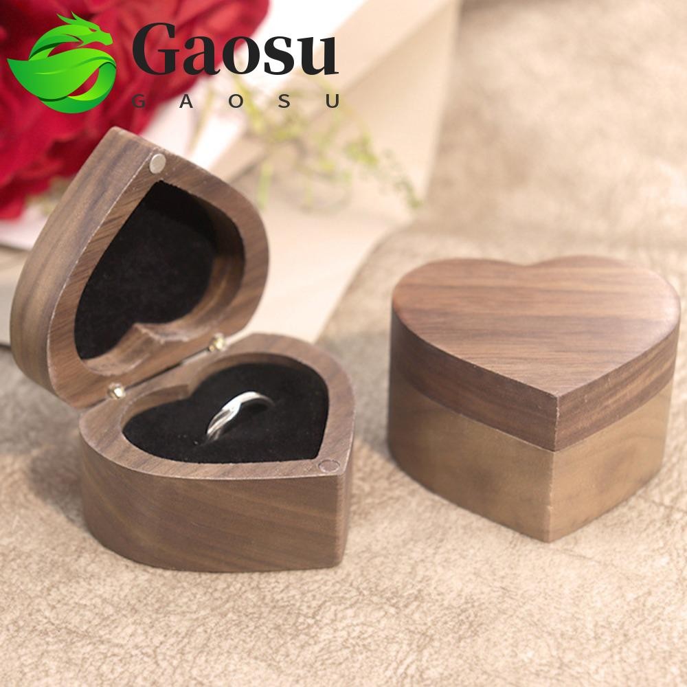 Hộp nhẫn gỗ óc chó GAOSU, Hộp đựng nhẫn trái tim cưới 1 / 2 khe, Hộp đựng đồ chống va chạm đơn giản 
