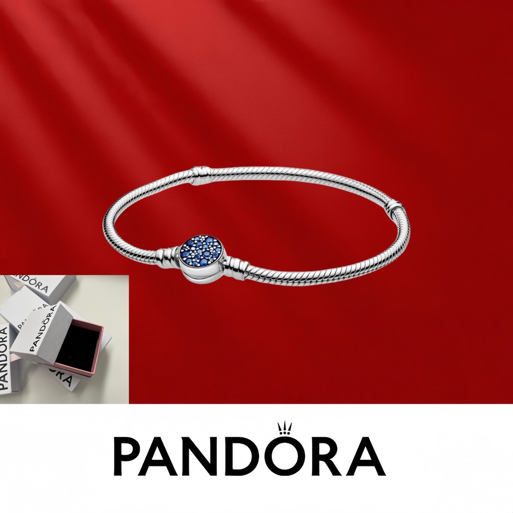 Trang sức bạc Pandora S925 (kèm hộp đóng gói) Pandora Moments Sparkling Blue Disc Clasp Snake Chain 