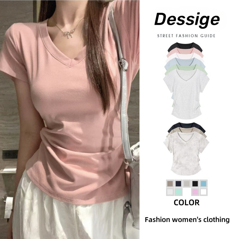 Dessige Áo baby tee Áo Thun ôm body Áo y2k 100% cotton Áo thun nữ cổ chữ V màu hồng phong cách Hàn Q