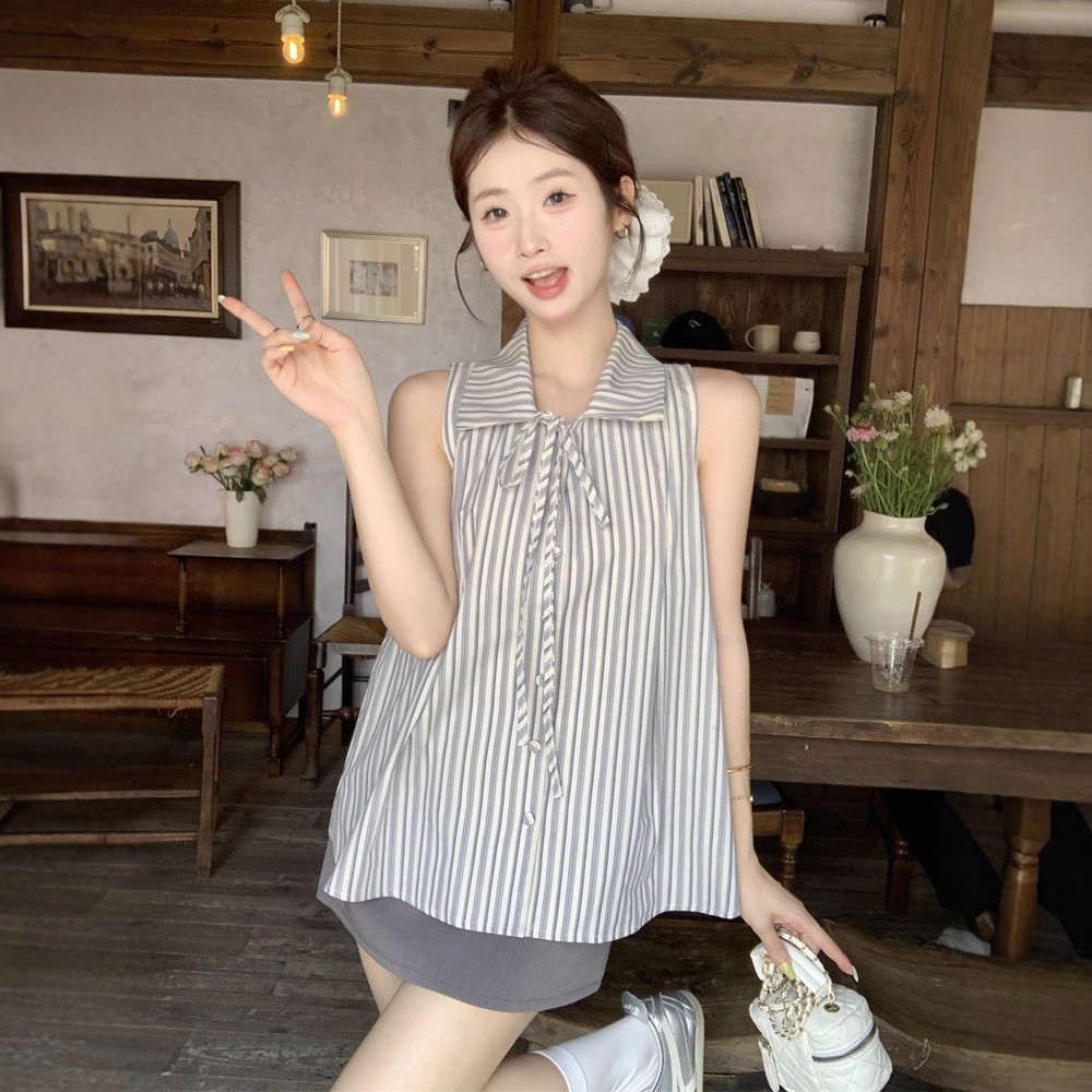 Áo sơ mi không tay kẻ sọc kiểu Pháp ngọt ngào, dáng babydoll Hàn Quốc rộng rãi cơ bản, áo nữ có nơ | BigBuy360 - bigbuy360.vn