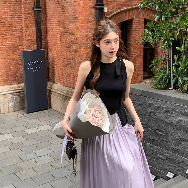 GAKKI Nữ Băng Lụa Nơ Dệt Kim Áo Vest Không Tay Mẫu MK100