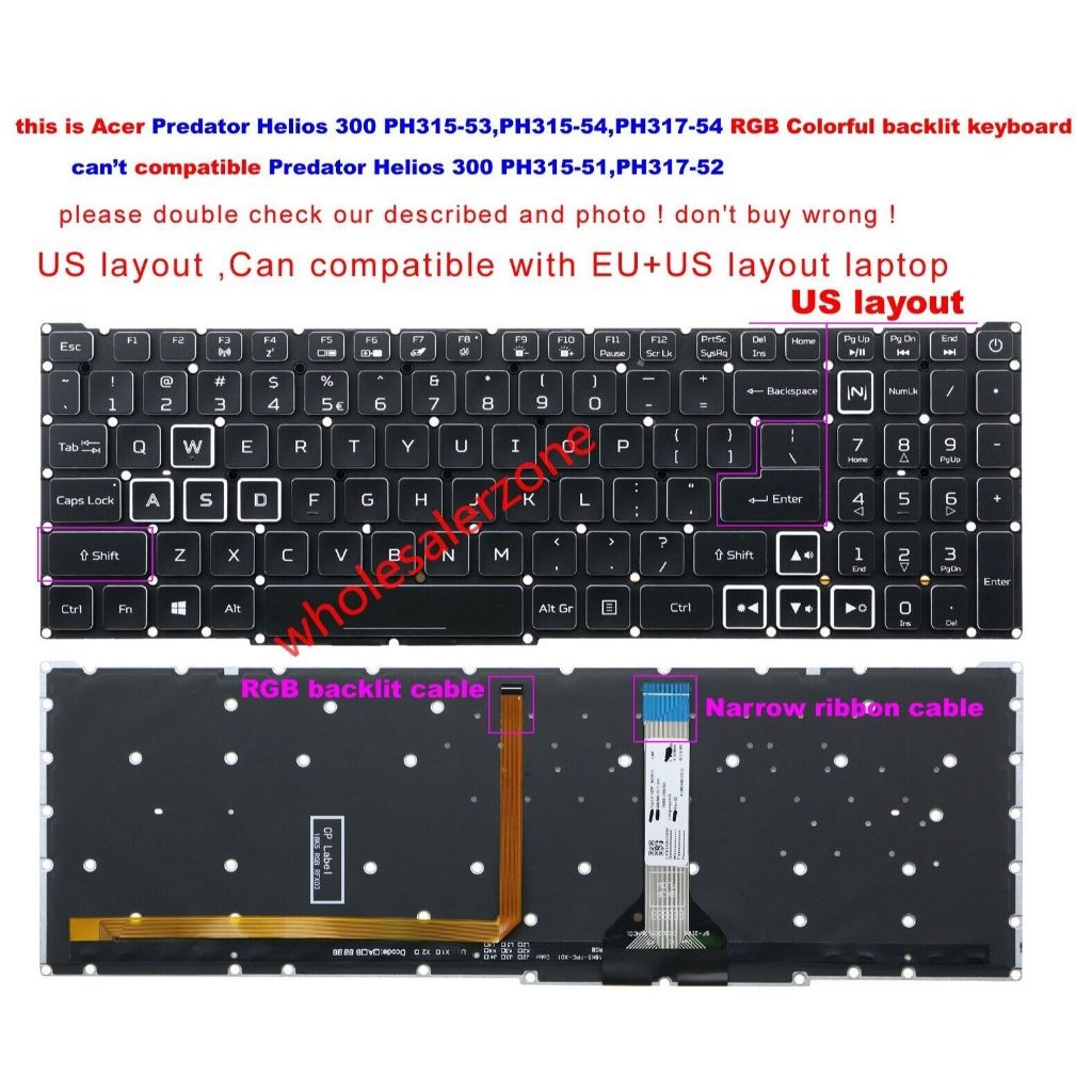Bàn phím Laptop Acer Helios 300 PH315-53 PH315-54 PH317-54 N18I3 N20C3 Led RGB Backlit Keyboard