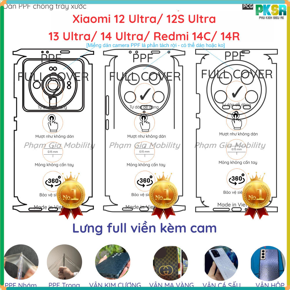 Dán PPF lưng full viền Xiaomi Mi 15 14 13 12s 12 Ultra/ Redmi 14C/ Redmi 14R trong, nhám, kim cương 