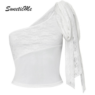 Áo nữ SweeticMe Thời trang mới Lưới đơn giản xuyên thấu Áo thun không đều gợi cảm