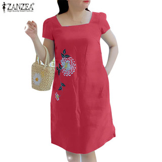 Zanzea Nữ Hàn Quốc Hàng Ngày Tay Phồng Cổ Vuông Thêu Chém Túi Đầm