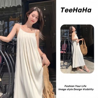  Váy trắng Váy 2 dây trễ vai Váy đi biển Đầm maxi dáng dài Đầm Sling Xếp Ly Nữ 2024 Phong Cách Mới Mùa Hè Mỏng Phong Cách Drape Váy Dài Phù Hợp 