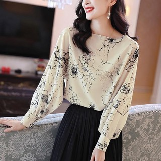 Pháp in áo sơ mi của phụ nữ chiffon Vòng cổ dài Tay áo thời trang Tops
