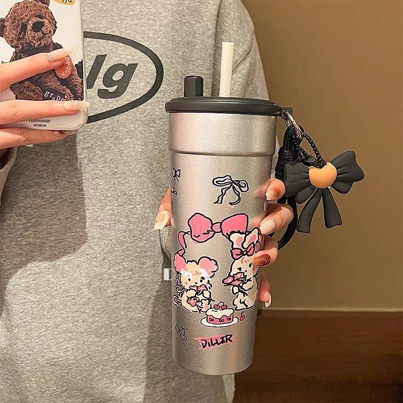 【LUCKY】DILLER Bình giữ nhiệt có ống hút bụi nắp dung tích lớn cốc đựng đá di động cốc ống hút cốc gi