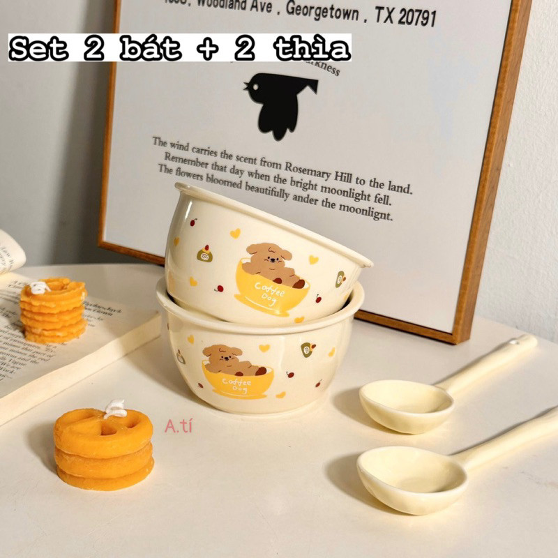 Set Bát Kèm Thìa Hình Coffe Dog (Set 2 Bát + 2 Thìa)